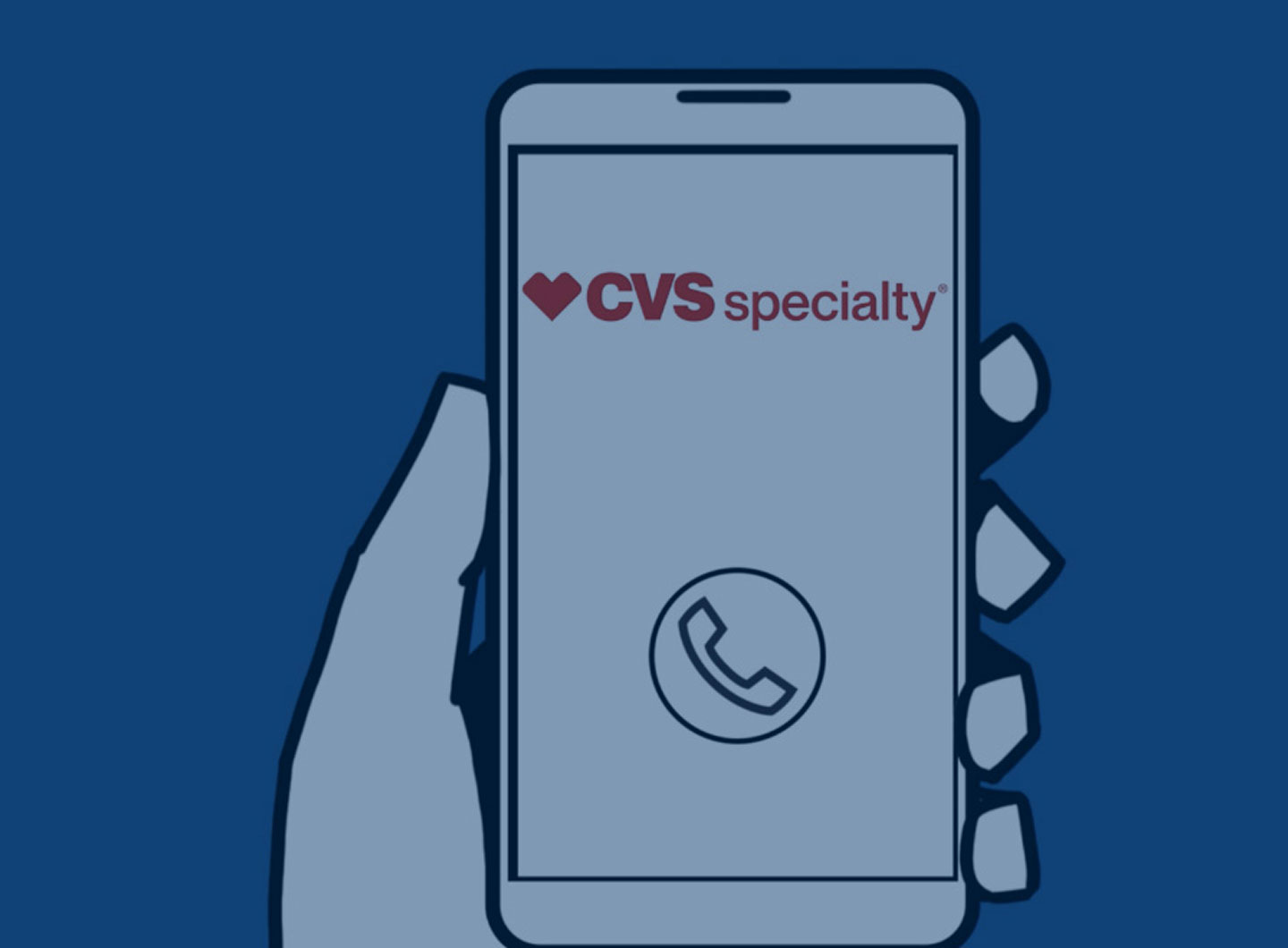 A hand holding a smartphone showing the CVS Specialty Pharmacy Logo